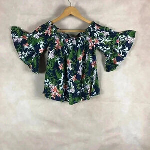 Tropical Floral Smocked Off The Shoulder Crop Top XS
